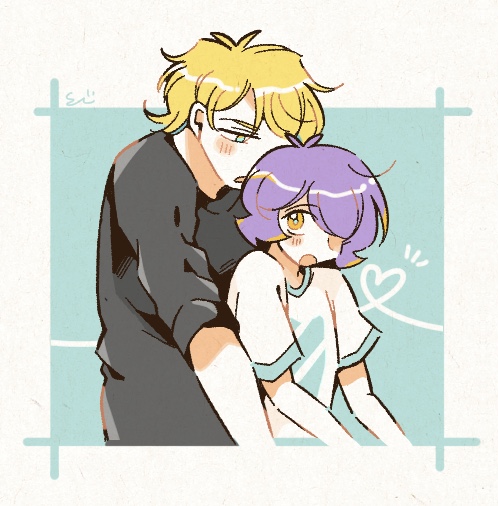 2boys, :o, alternate_costume, artist_name, behind_another, black_shirt, blonde_hair, blue_background