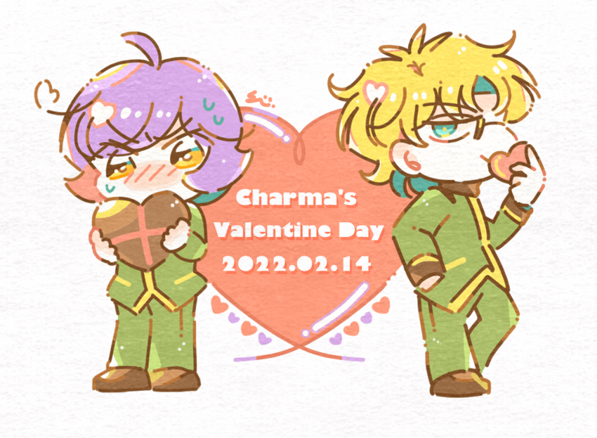2boys, artist_name, blonde_hair, blue_eyes, blush, brown_footwear, candy, chibi, chocolate, chocolate_heart, covering_own_mouth, dated, english_text, food, green_jacket, green_pants, gundam, hand_in_pocket, heart, high_collar, highres, holding, holding_chocolate, holding_food, holding_heart, jacket, male_focus, mobile_suit_gundam_the_origin, multiple_boys, orange_eyes, pants, purple_hair, shiikura, signature, smirk, sweat, valentine, white_background, yaoi