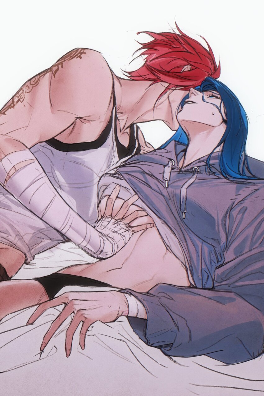 2girls, arcane:_league_of_legends, arcane_caitlyn, arcane_vi, bandaged_arm, bandages, blue_eyes, blush, breasts, caitlyn_(league_of_legends), clothes_lift, commentary_request, drawstring, highres, hood, hood_down, hoodie, hoodie_lift, large_breasts, league_of_legends, medium_breasts, multiple_girls, parted_lips, red_hair, tattoo, underboob, vi_(league_of_legends), xwilson127, yuri