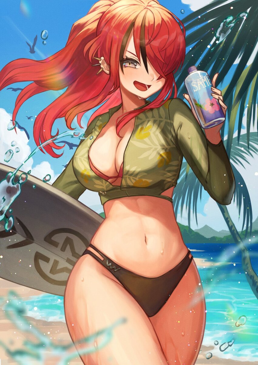 1girl, beach, bikini, black_hair, bottle, breasts, cropped_jacket, ear_piercing