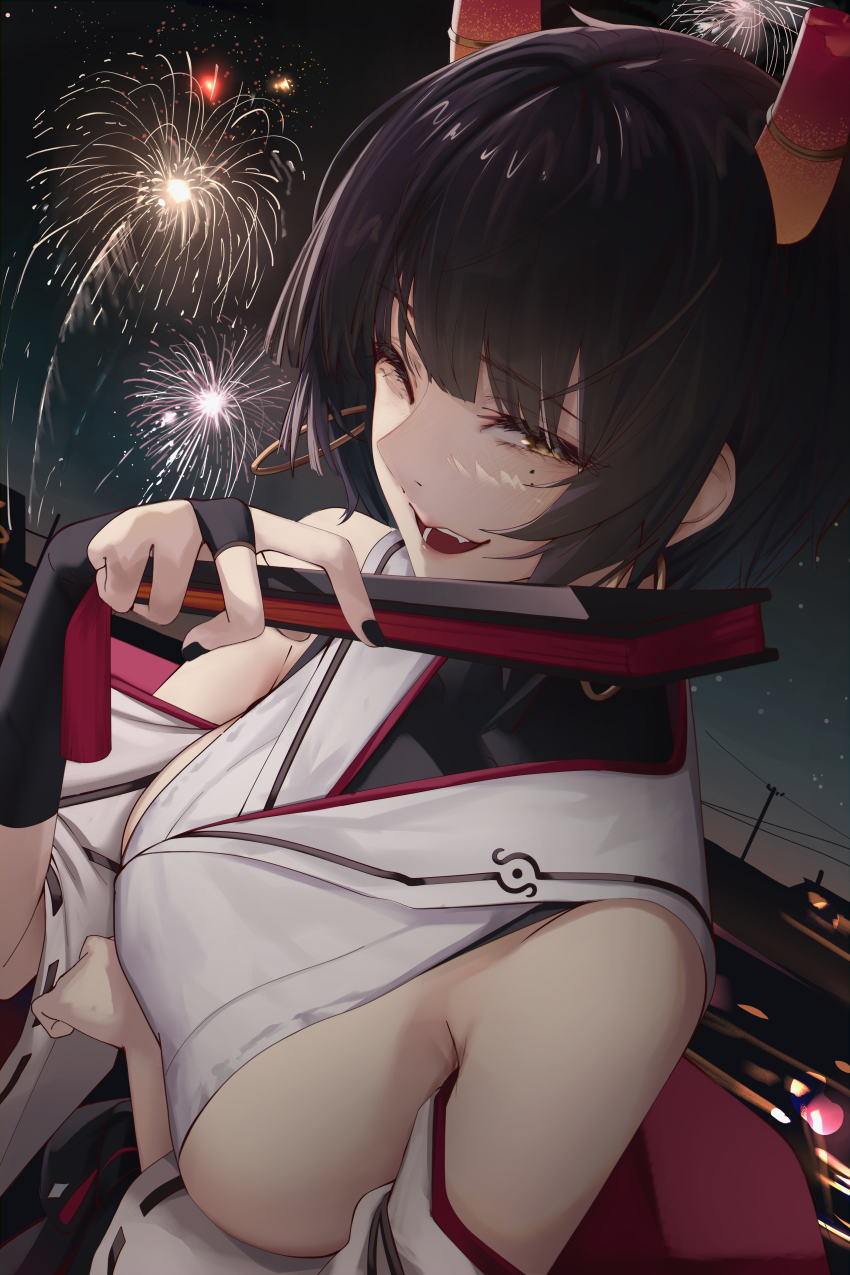 1girl, absurdres, aerial_fireworks, arm_under_breasts, black_gloves, black_hair, black_nails, blue_archive