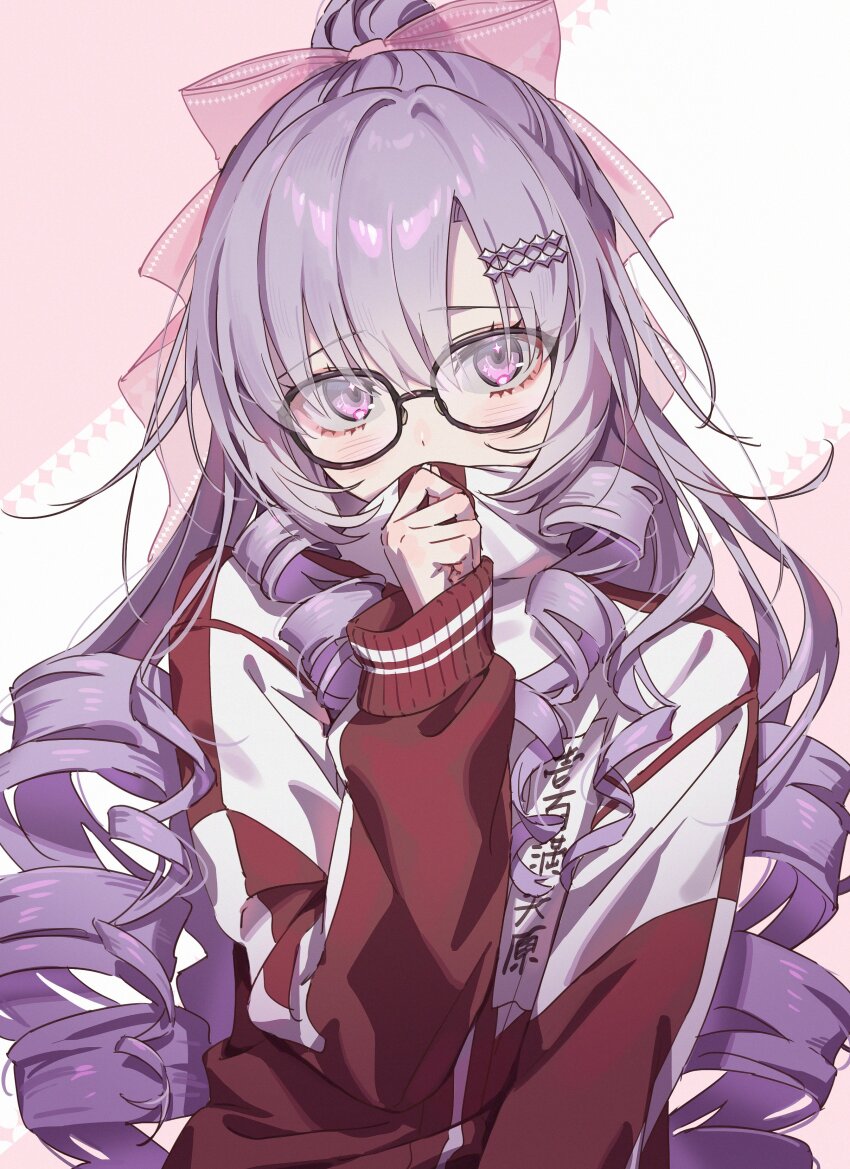 1girl, absurdres, black-framed_eyewear, bow, clothes_writing, drill_hair, glasses, hair_bow