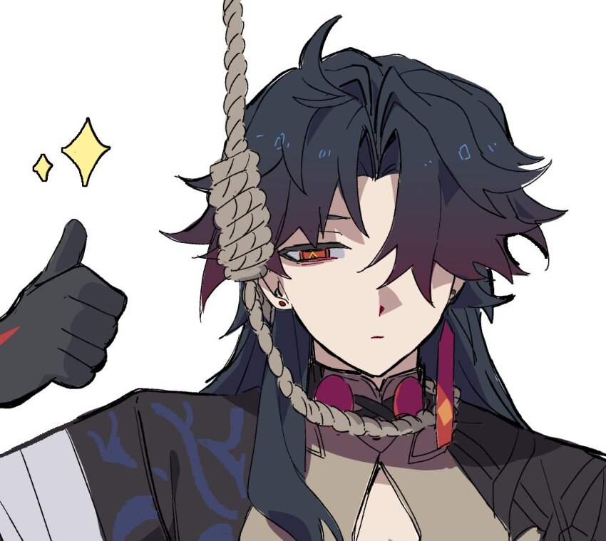 1boy, :|, ahoge, black_gloves, blade_(honkai:_star_rail), chinese_clothes, closed_mouth, commentary, earrings, english_commentary, gloves, honkai:_star_rail, honkai_(series), jewelry, long_hair, looking_at_viewer, male_focus, parted_bangs, red_eyes, san_ystr, simple_background, solo, star_(symbol), thumbs_up, white_background