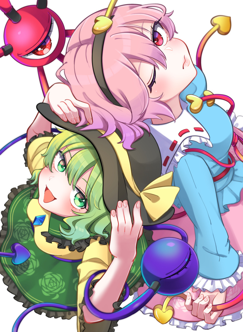 2girls, :d, absurdres, black_hairband, black_headwear, blouse, blush, bow