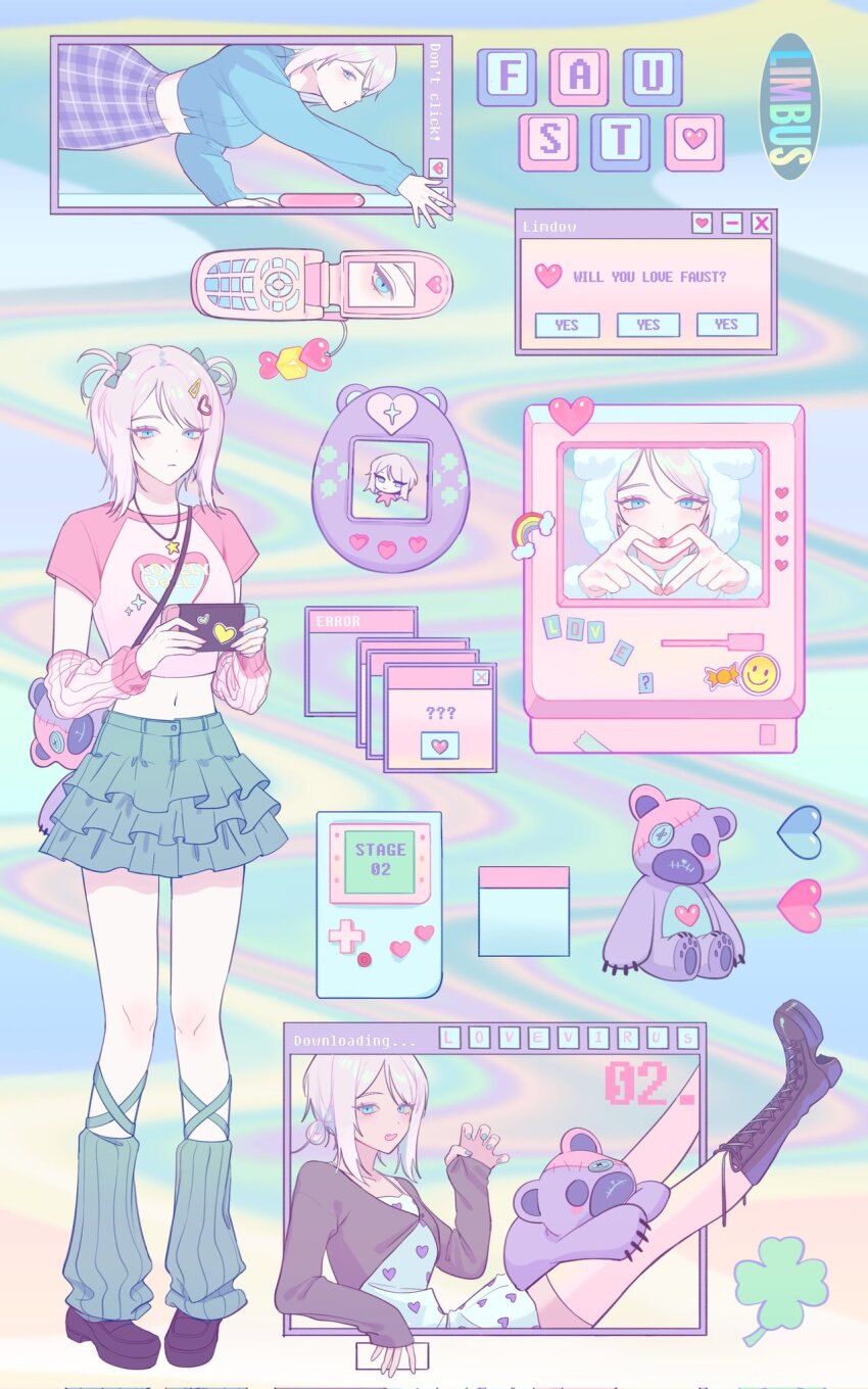 1girl, arm_warmers, blue_bow, bow, candy_wrapper, cellphone, commentary, faust_(project_moon)