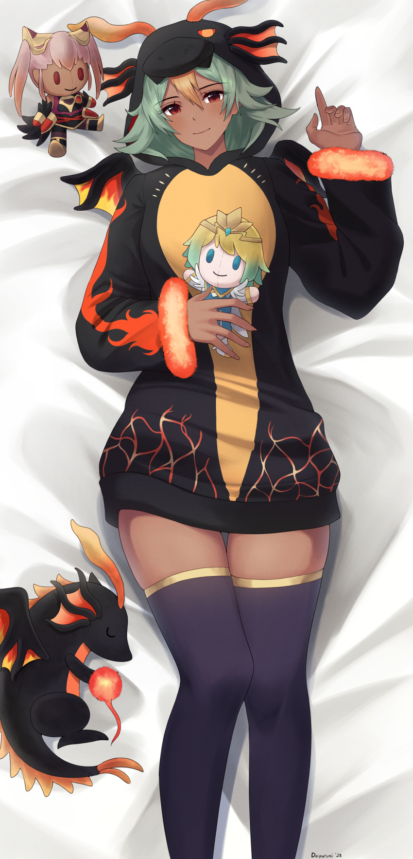 1girl, alternate_costume, bed_sheet, black_thighhighs, character_costume, character_doll, dark-skinned_female, dark_skin, doiparuni, doll, feet_out_of_frame, fire_emblem, fire_emblem_heroes, fjorm_(fire_emblem), gold_trim, green_hair, highres, holding, holding_doll, hood, hoodie, laegjarn_(fire_emblem), laevatein_(fire_emblem), long_sleeves, looking_at_viewer, lying, multicolored_hair, muspell_(fire_emblem), nintendo, on_back, red_eyes, short_hair, smile, solo, stuffed_toy, thighhighs, thighs, twintails