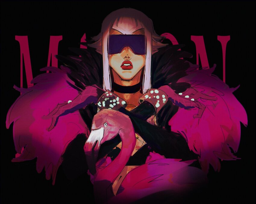 1girl, bird, black_background, choker, feather_boa, flamingo, manon_legrand, pink_hair, short_hair_with_long_locks, sidelocks, solo, street_fighter, street_fighter_6, sunglasses, thick_lips, yitiao_da_shu