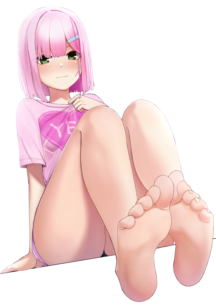1girl, :3, absurdres, arm_at_side, bare_legs, barefoot, blunt_bangs, blush