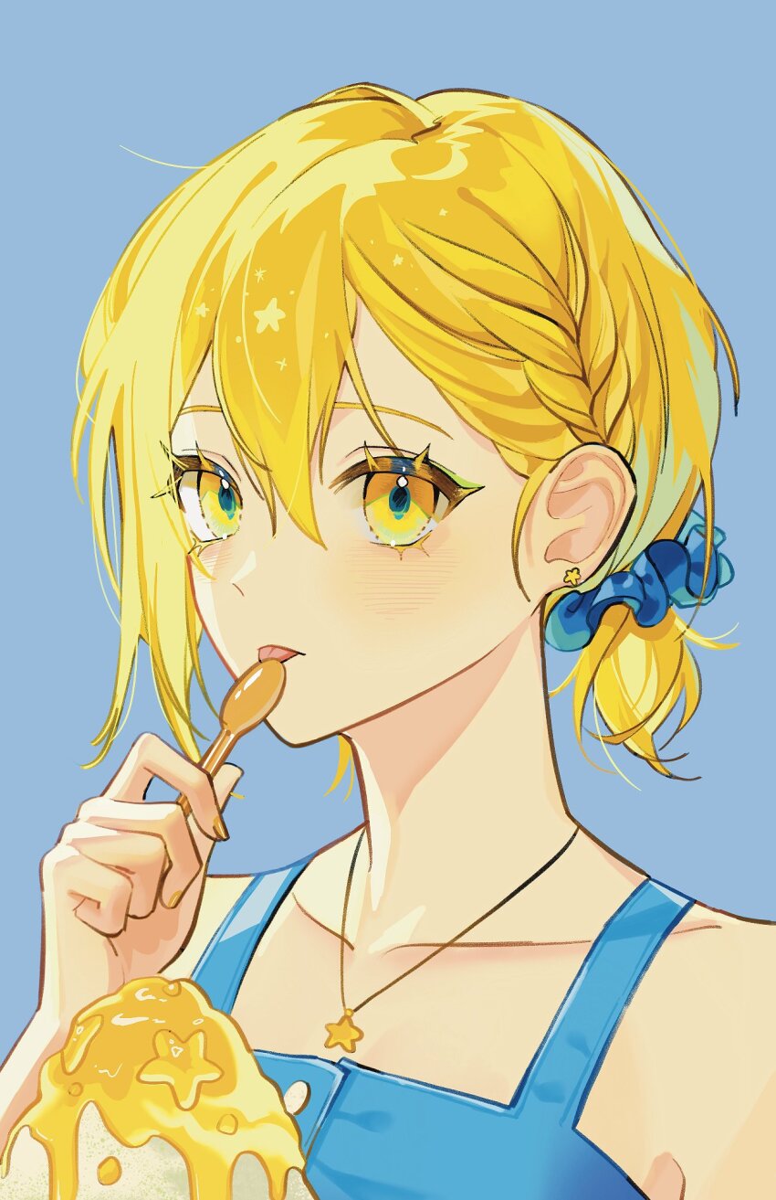 1girl, blonde_hair, blue_background, blue_dress, blue_scrunchie, braid, don_quixote_(project_moon), dress