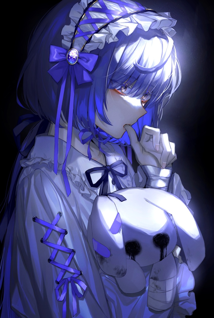 1girl, bandages, bandaid, biting, black_background, black_blood, black_eyes, blood