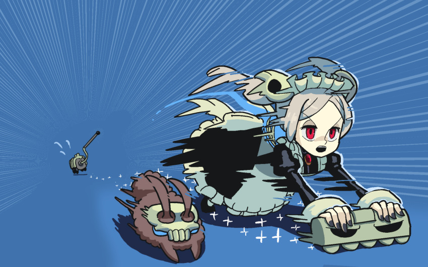 1girl, apron, bloody_marie_(skullgirls), blue_background, brooch, dress, dust_bunny_(skullgirls), frilled_apron