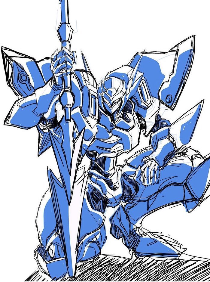 armor, henshin, holding, holding_weapon, lance, looking_at_viewer, mecha, on_one_knee, polearm, power_armor, robot, science_fiction, sketch, solo_focus, tekkaman_blade, tekkaman_blade_(character), tsushima_naoto, weapon