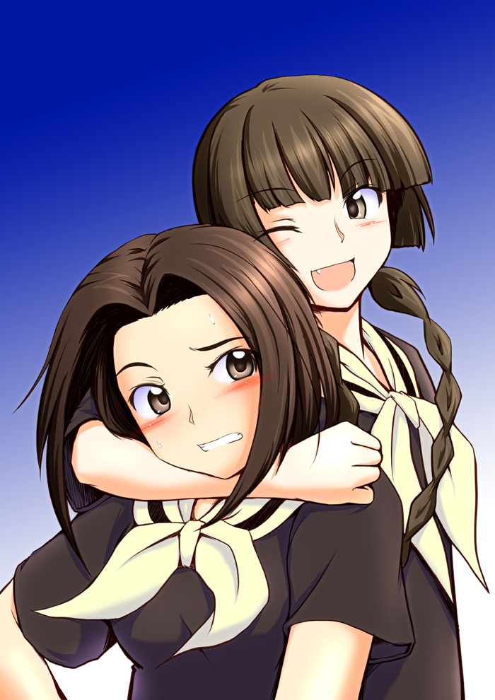 00s, 2girls, arima_nana, blush, braid, brown_eyes, brown_hair, fang, headlock, long_hair, maria-sama_ga_miteru, multiple_girls, sasaki_akira_(ugc), school_uniform, shimazu_yoshino, twin_braids, wink