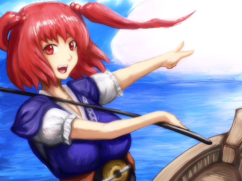 1girl, bad_id, bad_pixiv_id, boat, coin, female_focus, hair_bobbles, hair_ornament