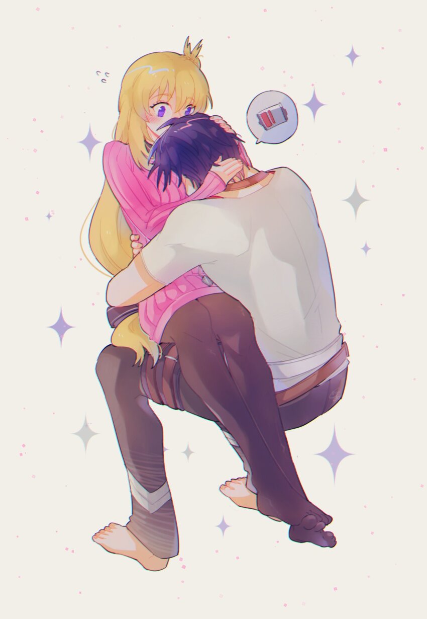 1boy, 1girl, agnes_claudel, battery_indicator, between_breasts, black_hair, blonde_hair, breasts, denim, eiyuu_densetsu, full_body, hair_bun, head_between_breasts, highres, hug, jeans, kuro_no_kiseki_(series), kuro_no_kiseki_i, long_hair, medium_breasts, misa_fullmetal, pants, pantyhose, short_hair, sitting, sweater, van_arkride