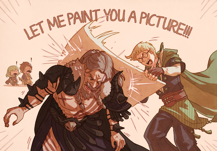 1girl, 3boys, armor, attack, beard, black_armor, bow_(weapon), female_byleth_(awakened)_(fire_emblem), female_byleth_(fire_emblem), canvas_(object), chibi, claude_von_riegan, claude_von_riegan_(timeskip), english_text, facial_hair, fingerless_gloves, fire_emblem, fire_emblem:_three_houses, glasses, gloves, holding, holding_bow_(weapon), holding_sword, holding_weapon, ignatz_victor, ignatz_victor_(timeskip), krusekis, multiple_boys, nemesis_(fire_emblem), nintendo, scar, sword, weapon