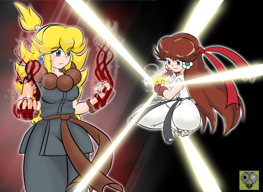 2girls, akuma_(street_fighter)_(cosplay), capcom, cosplay, akuma_(street_fighter), mario_(series), multiple_girls, nintendo, parody, princess_daisy, princess_peach, ryu_(cosplay), ryu_(street_fighter), street_fighter, super_mario_bros._1, super_mario_land