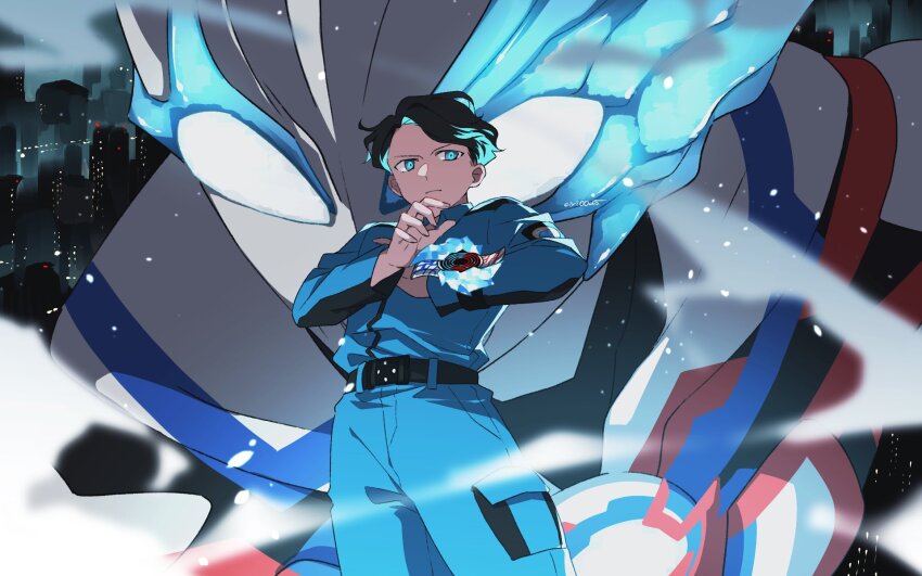 2boys, alien, animification, black_hair, blue_eyes, building, city, city_lights