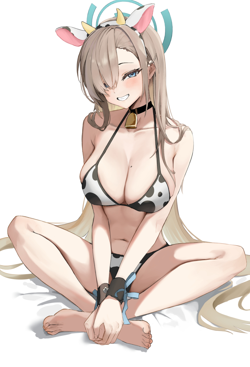 1girl, absurdres, alternate_costume, animal_ears, animal_print, asuna_(blue_archive), barefoot, bed_sheet, bell, bikini, black_collar, blue_archive, blue_eyes, blue_ribbon, blush, breasts, collar, collarbone, commentary_request, cow_ears, cow_horns, cow_print, cow_print_bikini, fake_animal_ears, fake_horns, feet, fingernails, hair_over_one_eye, halo, hands_on_feet, highres, horns, large_breasts, legs, light_brown_hair, long_hair, looking_at_viewer, mole, mole_on_breast, navel, neck_bell, pongdo, print_bikini, ribbon, simple_background, sitting, smile, smug, solo, sweatdrop, swimsuit, teeth, toenails, toes, white_background, wrist_cuffs