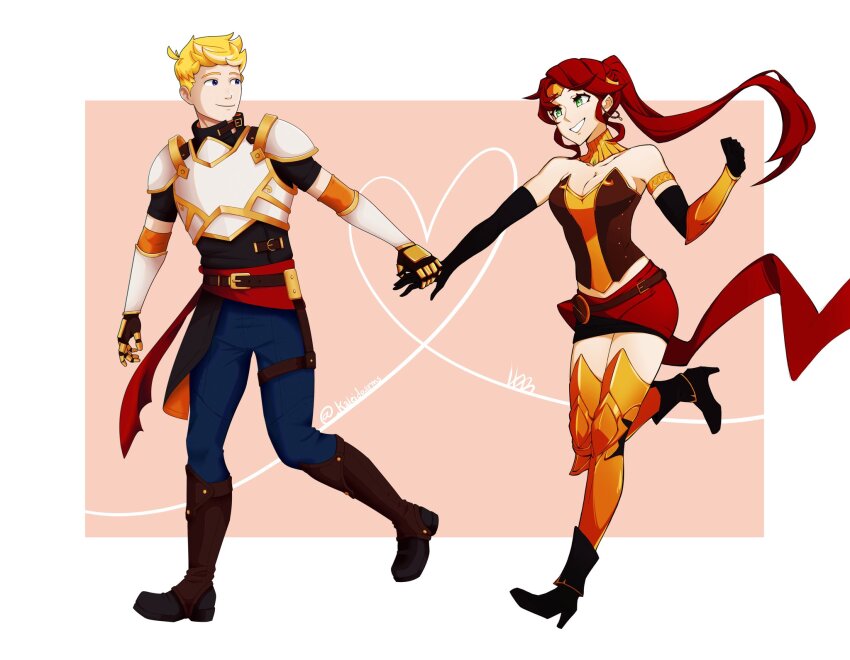 1boy, 1girl, anniversary, armband, armor, artist_collaboration, belt, belt_buckle