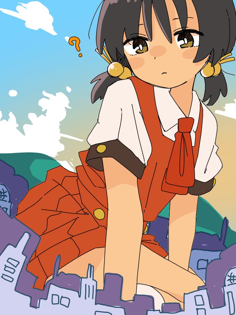 1girl, ?, black_hair, brown_eyes, building, city, closed_mouth, collared_shirt