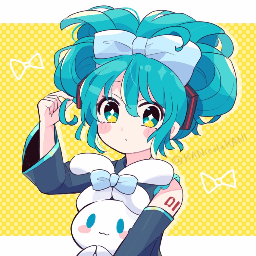 1girl, :3, blue_bow, blue_eyes, blue_hair, blush_stickers, borrowed_hairstyle, bow
