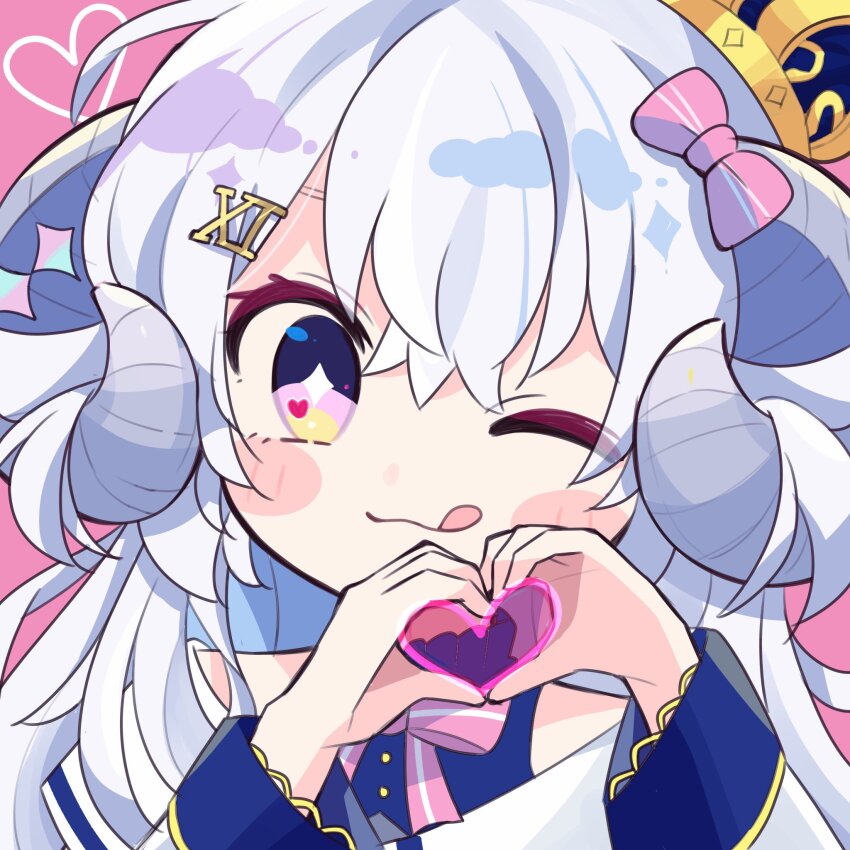 1girl, blush_stickers, bow, crown, curled_horns, diamond-shaped_pupils, diamond_(shape), eyelashes