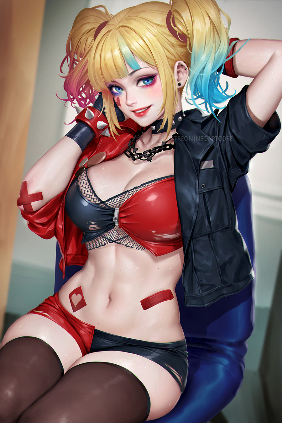 1girl, bandaid, bandaid_on_arm, bandaid_on_stomach, black_collar, black_gloves, black_jacket, black_shorts, blonde_hair, blue_eyes, blue_eyeshadow, blue_hair, blurry, blurry_background, bracelet, breasts, chain, chain_necklace, chair, collar, collarbone, dc_comics, ear_piercing, earrings, eyeshadow, facial_mark, gloves, gradient_hair, harley_quinn, harley_quinn_(suicide_squad_isekai), heart, heart_facial_mark, highres, jacket, jewelry, makeup, medium_breasts, midriff, mismatched_eyeshadow, multicolored_hair, multicolored_jacket, navel, necklace, neoartcore, open_clothes, open_jacket, patreon_username, piercing, red_eyeshadow, red_hair, red_jacket, red_shorts, short_shorts, shorts, sitting, solo, spiked_bracelet, spikes, studded_collar, suicide_squad, suicide_squad_isekai, thighhighs, toned, toned_female, torn_clothes, torn_shorts, twintails, two-tone_jacket, two-tone_shorts, zipper, zipper_pull_tab