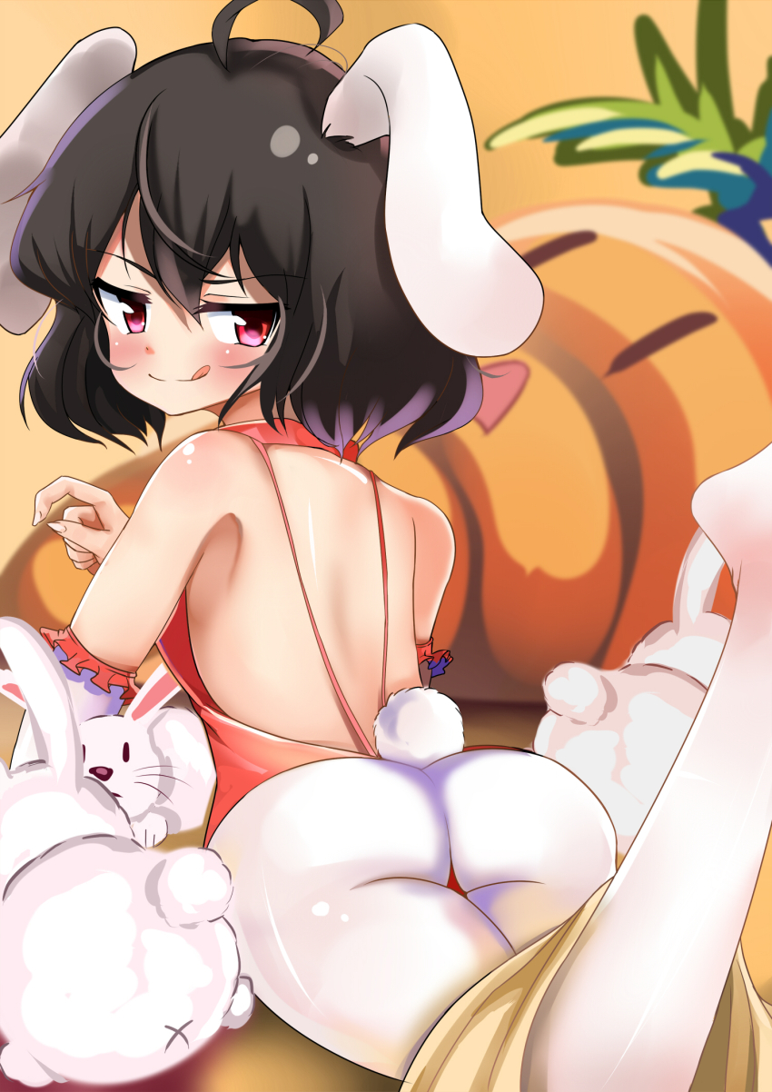 1girl, :q, ahoge, alternate_costume, animal_ears, ass, back, black_hair