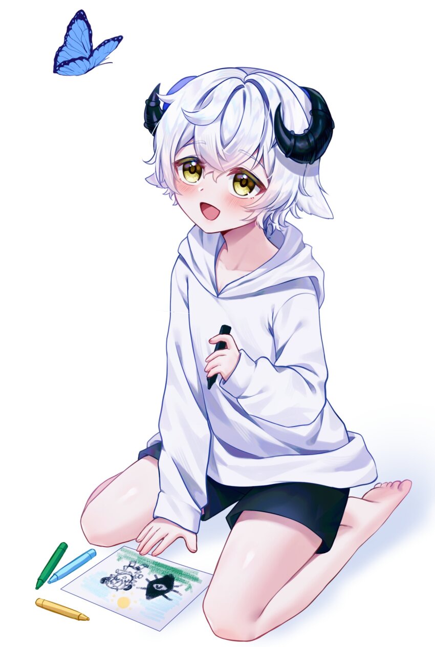 1boy, absurdres, algorhythm_project, animal_ears, baabel_(algorhythm_project), barefoot, black_shorts, bug, butterfly, crayon, feet, hair_between_eyes, highres, holding, holding_crayon, hood, hoodie, horns, insect, long_sleeves, male_focus, mizumizzumiz, open_mouth, paper, sheep_boy, sheep_ears, sheep_horns, shorts, solo, toes, virtual_youtuber, white_hair, white_hood, white_hoodie, yellow_eyes