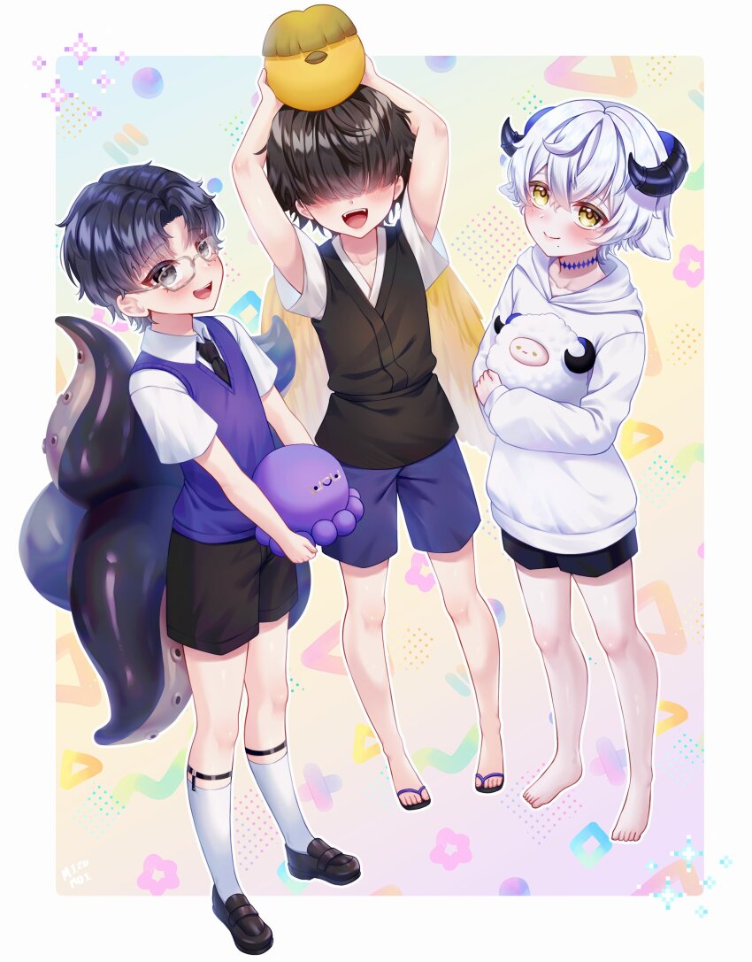 3boys, absurdres, algorhythm_project, animal_ears, arms_up, baabel_(algorhythm_project), barefoot, black_footwear