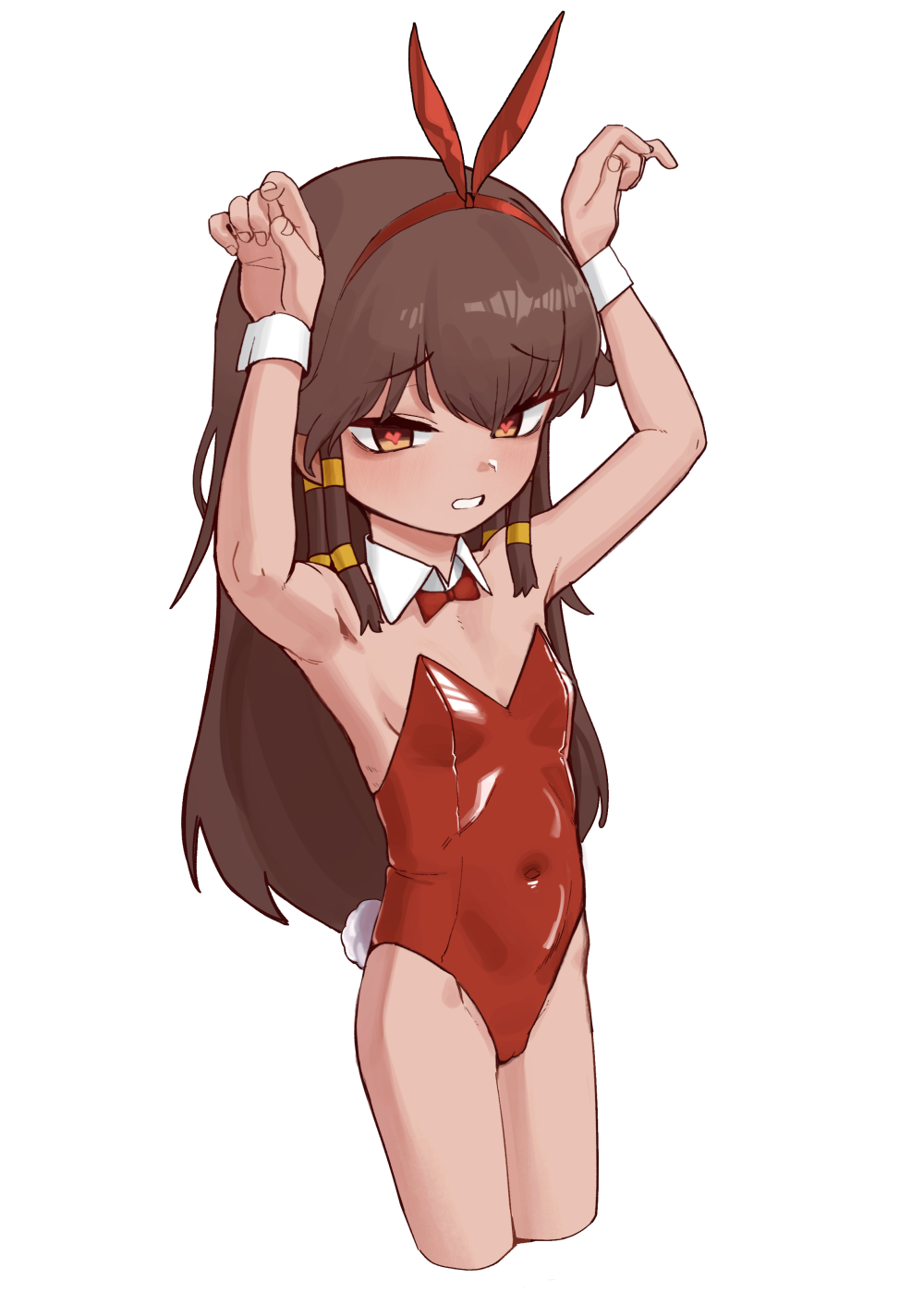 1girl, bow, bowtie, breasts, brown_hair, cropped_legs, dark-skinned_female, dark_skin, detached_collar, fake_tail, female_focus, hair_tubes, heart, heart-shaped_pupils, highres, leotard, loli, long_hair, looking_at_viewer, playboy_bunny, rabbit_pose, red_bow, red_bowtie, red_leotard, sera_(yu-gi-oh!), simple_background, small_breasts, solo, standing, suitshark, symbol-shaped_pupils, tail, white_background, yu-gi-oh!