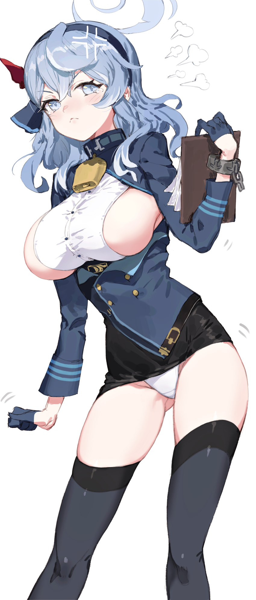 1girl, puff_of_air, absurdres, ako_(blue_archive), anger_vein, angry, bell, black_skirt