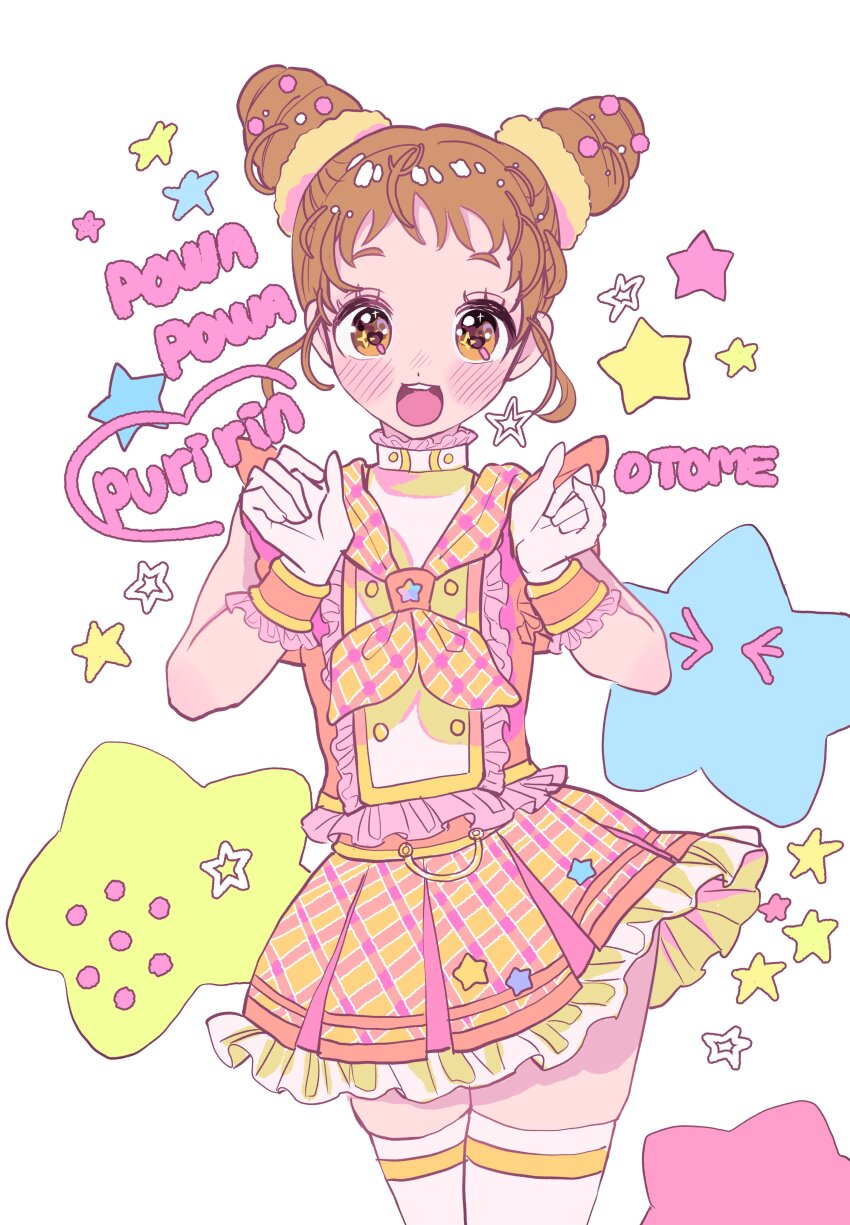 :d, absurdres, aikatsu!, aikatsu!_(series), arisugawa_otome, bad_id, bow, brown_hair, checkered_bow, checkered_clothes, checkered_skirt, choker, double_bun, frilled_choker, frilled_skirt, frilled_sleeves, frills, gingham_clothes, gingham_skirt, gloves, hair_bun, highres, ichigomilk_us, idol, open_mouth, orange_eyes, ow, short_sleeves, simple_background, skirt, smile, standing, star_(symbol), thighhighs, white_background, white_gloves, white_thighhighs, wrist_cuffs, zettai_ryouiki