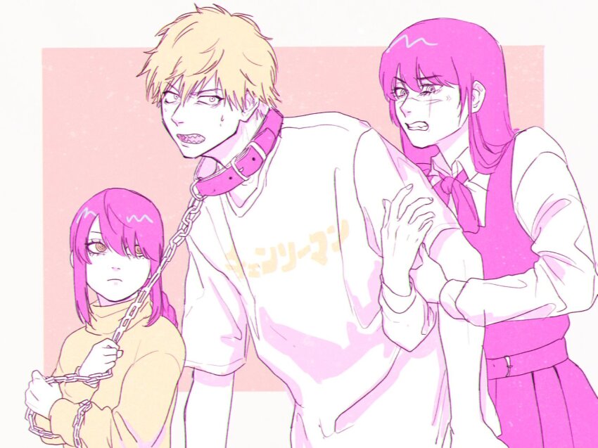 1boy, 2girls, angry, arm_hug, blonde_hair, chain, chain_leash, chainsaw_man