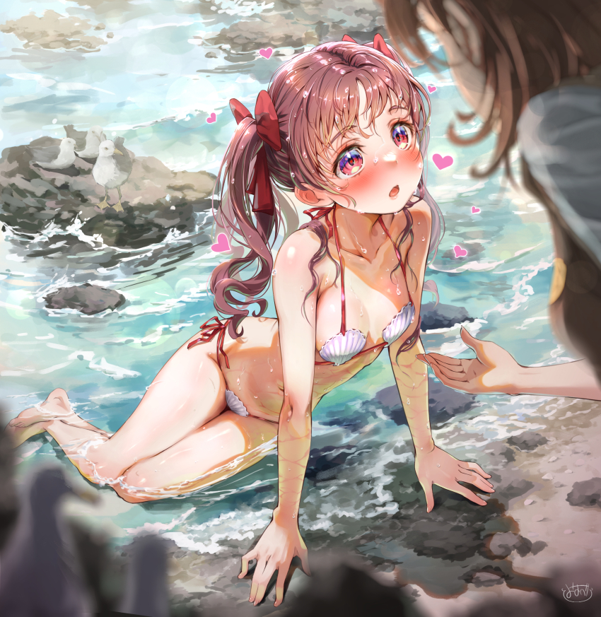 2girls, arm_support, bikini, blurry, blurry_foreground, blush, bow, breasts