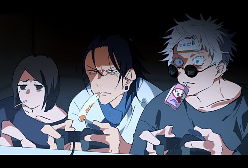 1girl, 2boys, black_eyes, black_hair, black_shirt, blue_eyes, carton, closed_mouth, controller, derinjaaaaaa, drinking_straw, drinking_straw_in_mouth, ear_piercing, game_controller, geto_suguru, gojo_satoru, highres, holding, holding_controller, holding_game_controller, ieiri_shoko, indoors, jujutsu_kaisen, long_hair, mole, mole_under_eye, mouth_hold, multiple_boys, piercing, shirt, short_hair, upper_body, v-shaped_eyebrows, white_hair, white_shirt