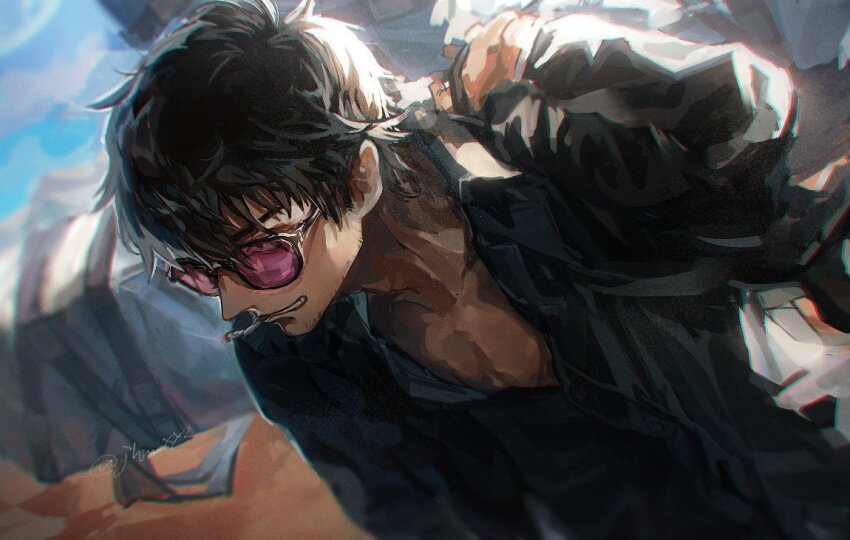 1boy, arm_up, beard_stubble, black_eyes, black_hair, black_jacket, black_shirt, cigarette