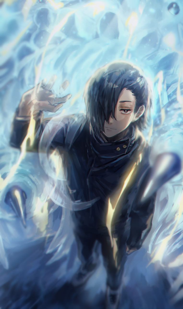 1boy, arm_up, black_eyes, black_hair, black_jacket, black_pants, closed_mouth, full_body