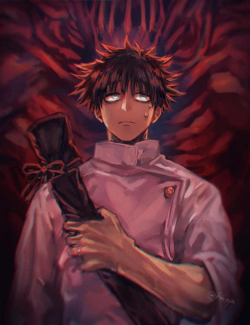 1boy, black_hair, blue_eyes, closed_mouth, hand_up, jacket, jewelry, jhm_xyz