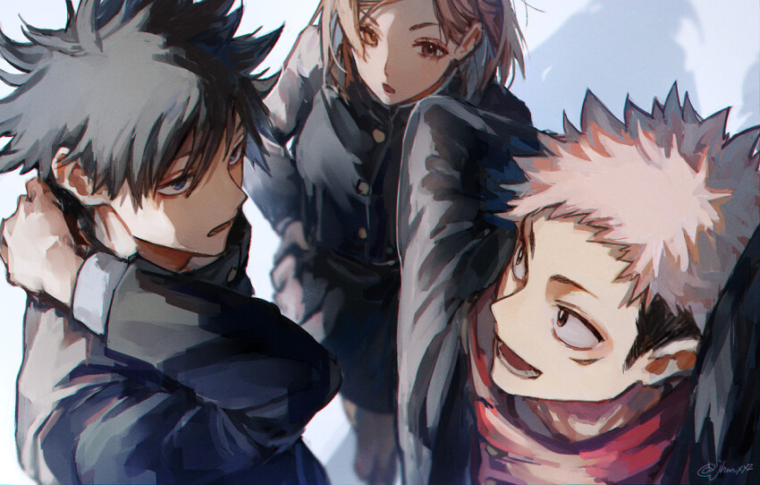 1girl, 2boys, arm_up, arms_up, black_eyes, black_hair, black_jacket, black_skirt, blue_eyes, brown_eyes, brown_hair, fushiguro_megumi, hand_on_own_hip, hood, hood_down, hoodie, itadori_yuji, jacket, jhm_xyz, jujutsu_kaisen, jujutsu_tech_uniform, kugisaki_nobara, long_sleeves, looking_at_another, multiple_boys, open_mouth, pink_hair, red_hoodie, school_uniform, short_hair, skirt, smile, undercut, upper_body, white_background