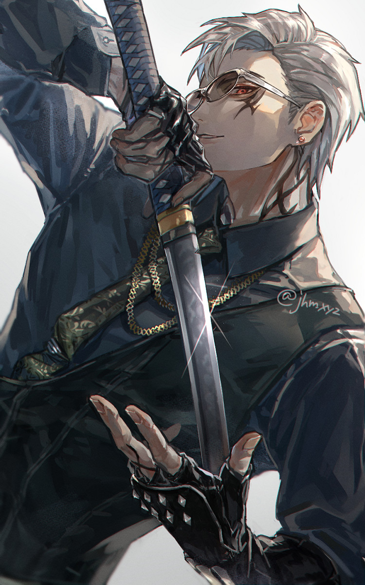 1boy, arm_up, armor, black_gloves, black_necktie, black_shirt, black_vest, collared_shirt
