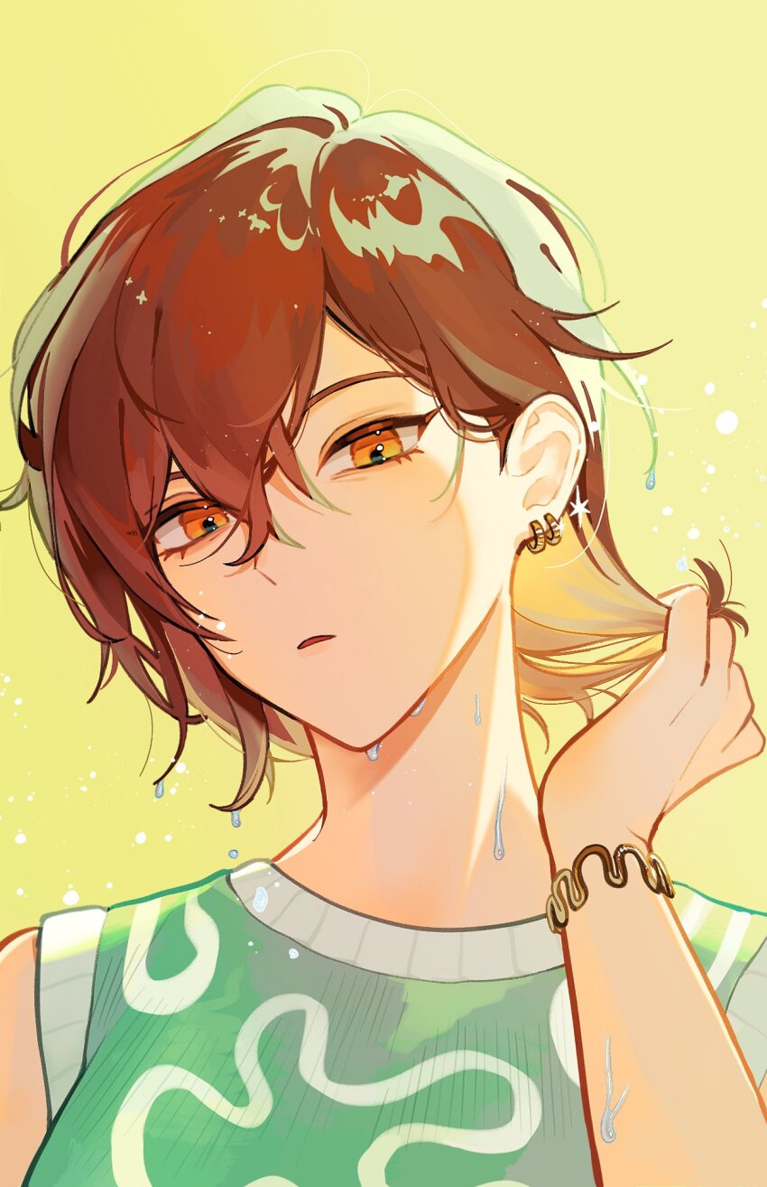 1girl, bracelet, brown_eyes, brown_hair, earrings, green_shirt, hand_up, highres