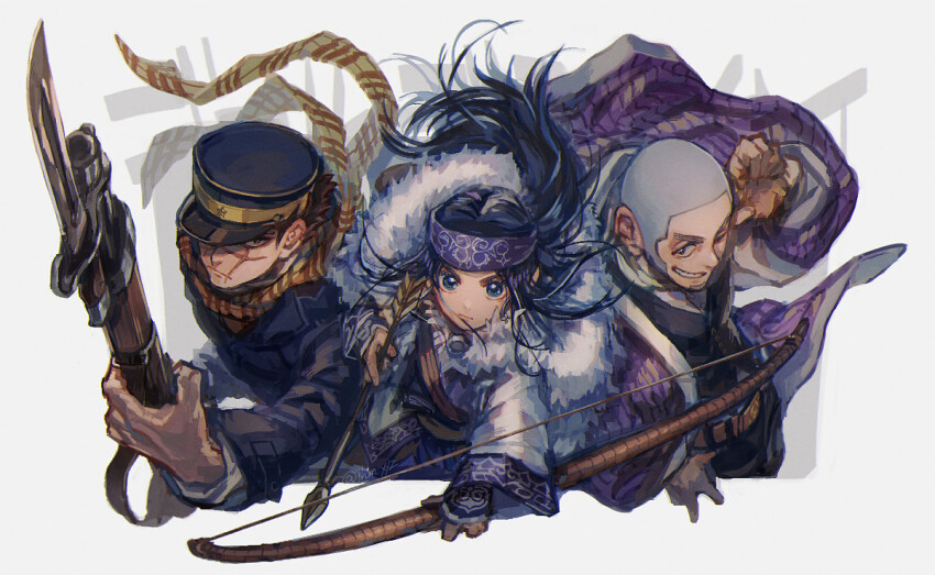 1girl, 2boys, ainu_clothes, arisaka, arrow_(projectile), asirpa, bayonet, belt