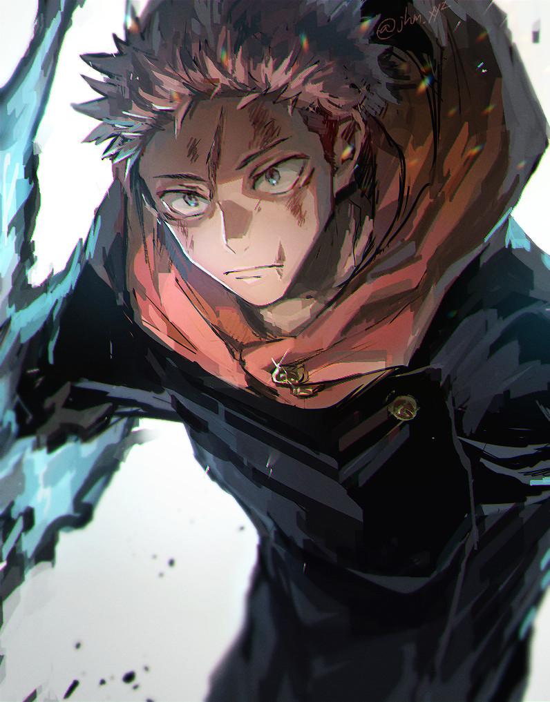 1boy, aura, black_eyes, black_jacket, closed_mouth, cowboy_shot, hood, hood_down