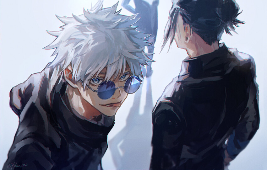 1girl, 2boys, black_hair, black_jacket, blue_eyes, ear_piercing, geto_suguru, gojo_satoru