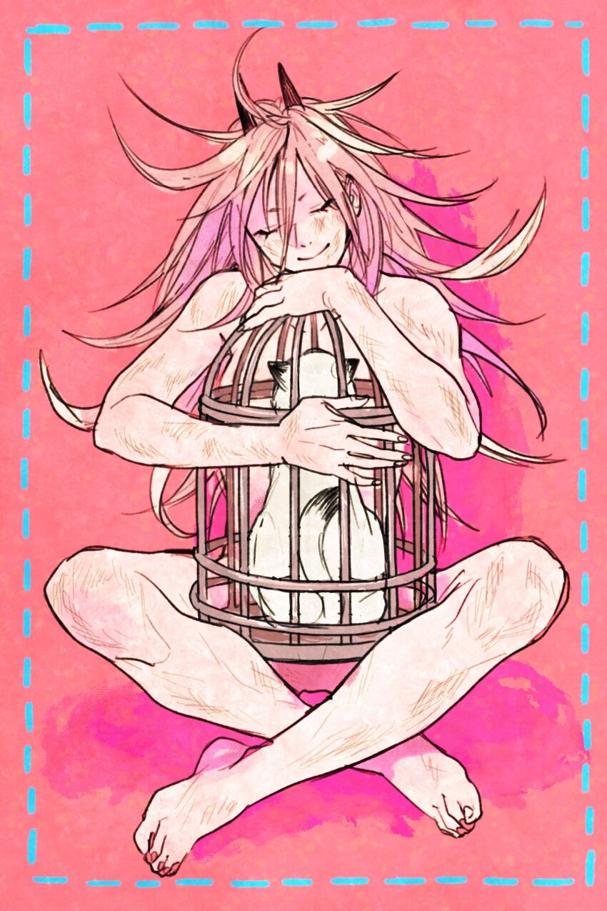 1girl, barefoot, birdcage, brown_hair, cage, cat, chainsaw_man, dirty