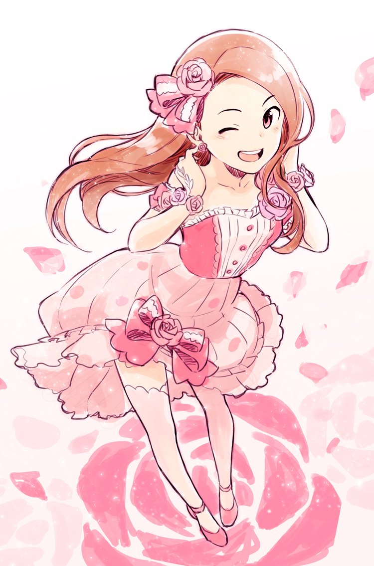 1girl, armband, blush, breasts, brown_hair, collarbone, dot_nose, dress