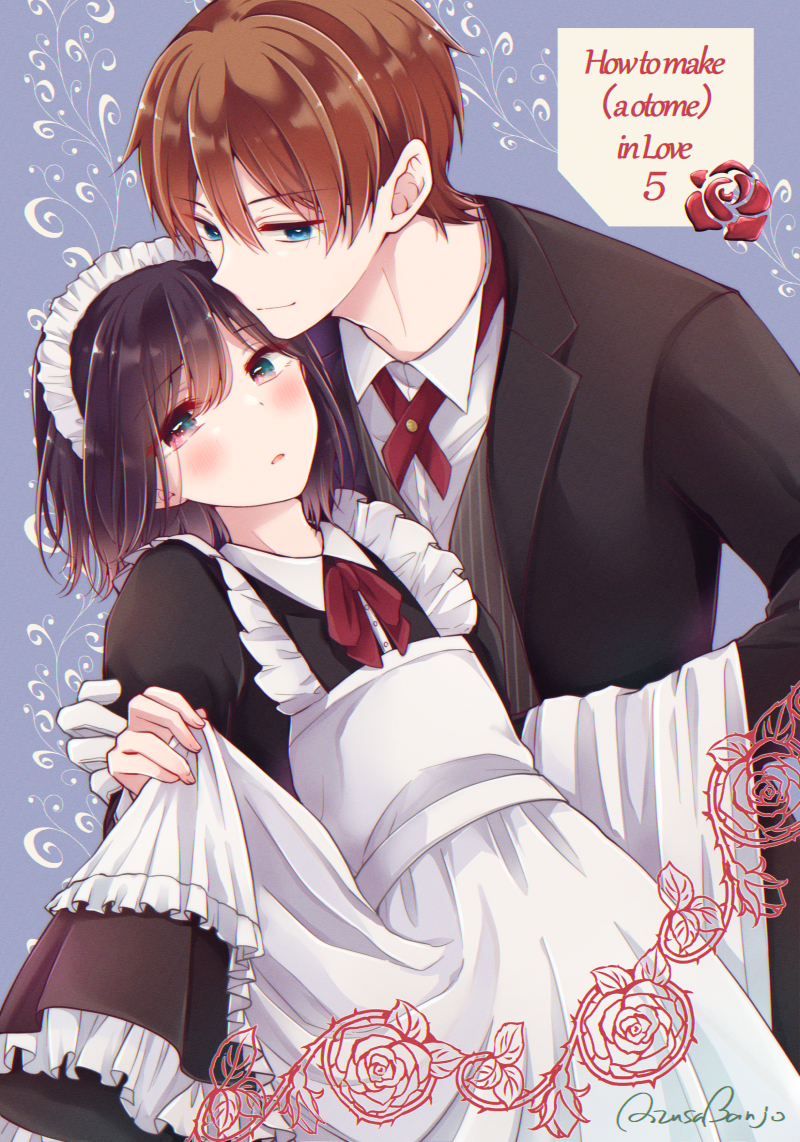 2boys, androgynous, apron, banjou_azusa, black_hair, blue_eyes, blush, bow