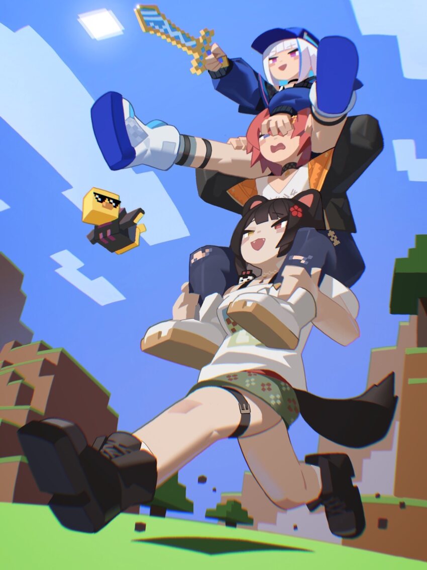 3girls, ange_katrina, ange_katrina_(casual), ange_katrina_(loungewear), animal, animal_ears, annoyed, baseball_cap